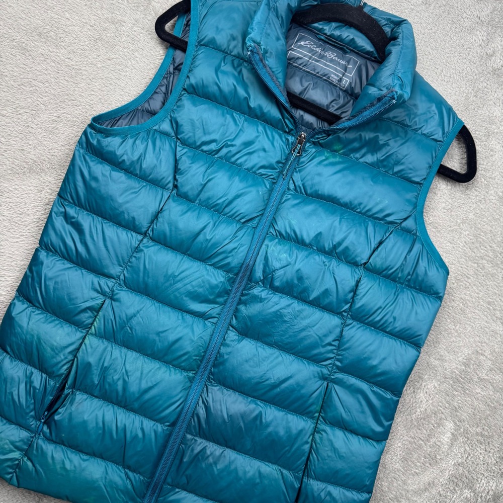 Eddie Bauer Puffer Vest Womens L Teal Blue Fair EB650 Down Quilted Full Zip